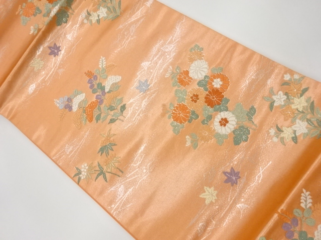 JAPANESE KIMONO / VINTAGE HIRAKI NAGOYA OBI / KARA-ORI / WOVEN AUTUMN FLOWERS